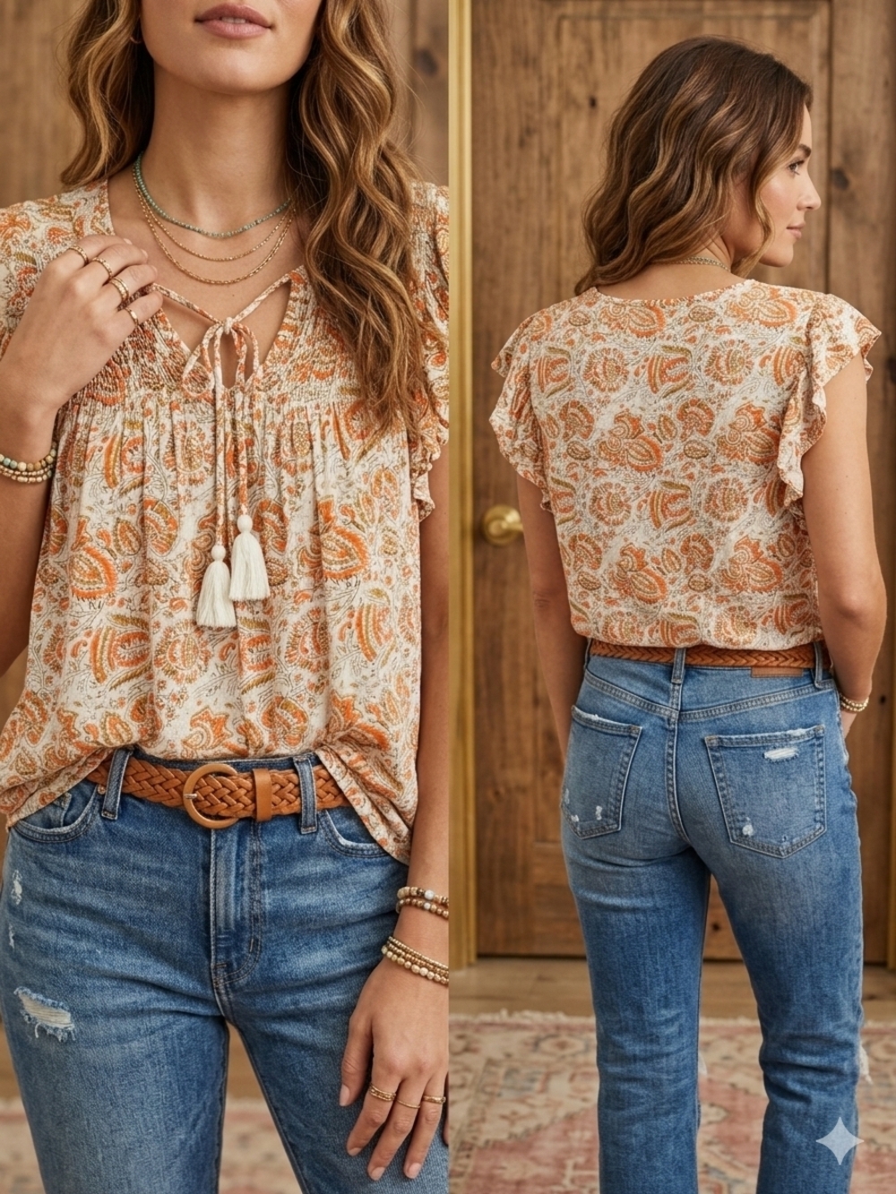 Lucky Brand Cream and Orange Paisley Tie-Front Flutter Sleeve Top
